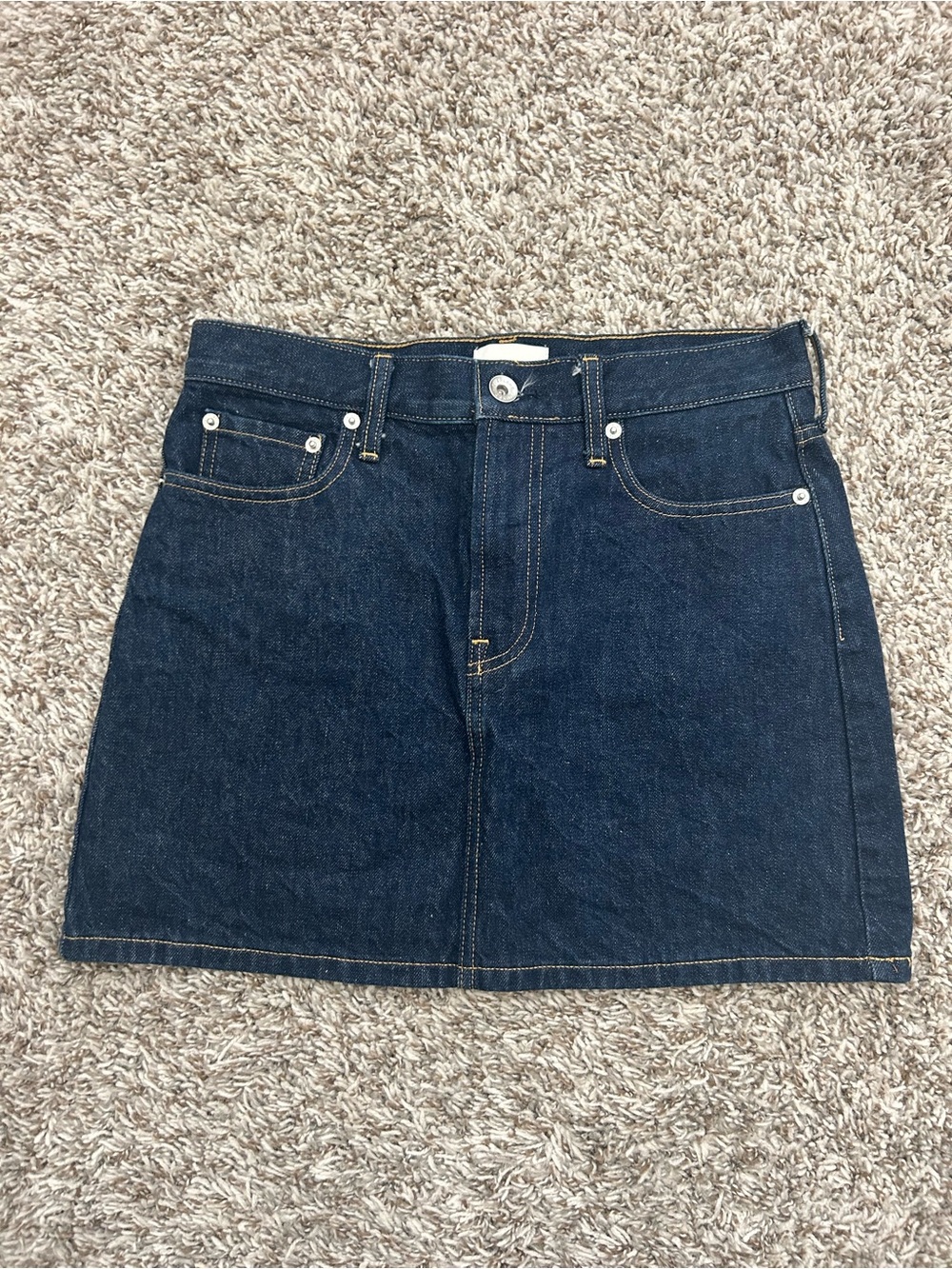 Everlane The Denim Mini Jean Skirt Womens 25R Dark Wash Cotton Pockets Tan Logo